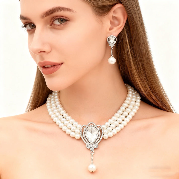 Three-Layer Pearl White Crystal Necklace &amp; Earring Set