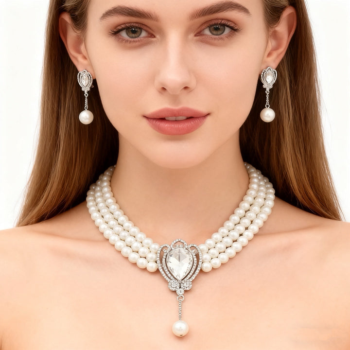 Three-Layer Pearl White Crystal Necklace &amp; Earring Set
