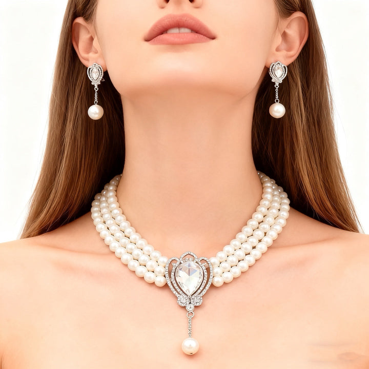 Three-Layer Pearl White Crystal Necklace &amp; Earring Set
