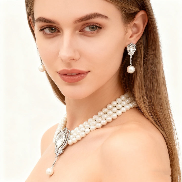 Three-Layer Pearl White Crystal Necklace &amp; Earring Set
