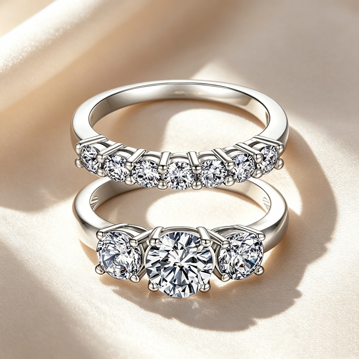 Three-Stone &amp; Half Eternity Moissanite Ring