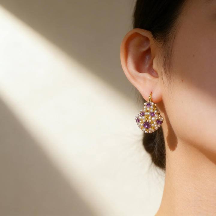 Purple Amethyst Pearl Basket Earrings