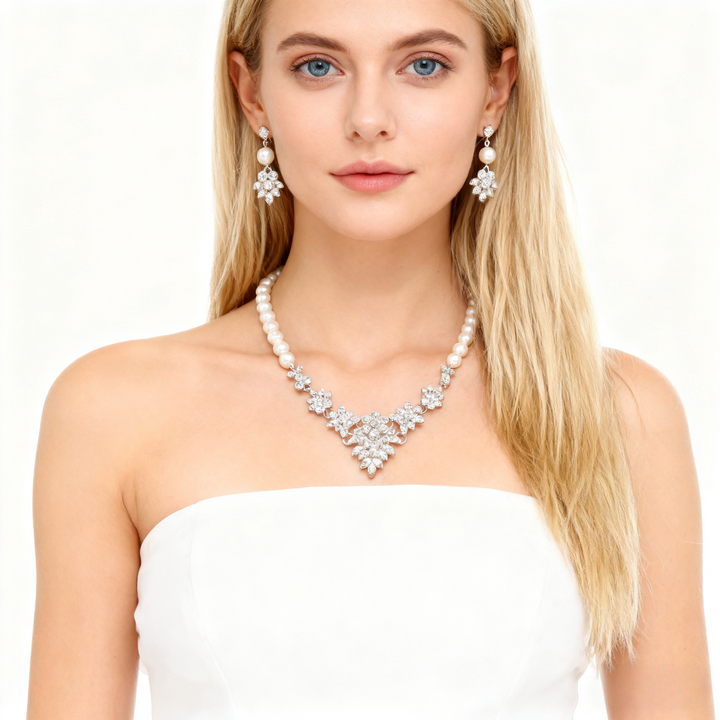 Cluster Diamond &amp; Pearl Necklace &amp; Earring Set