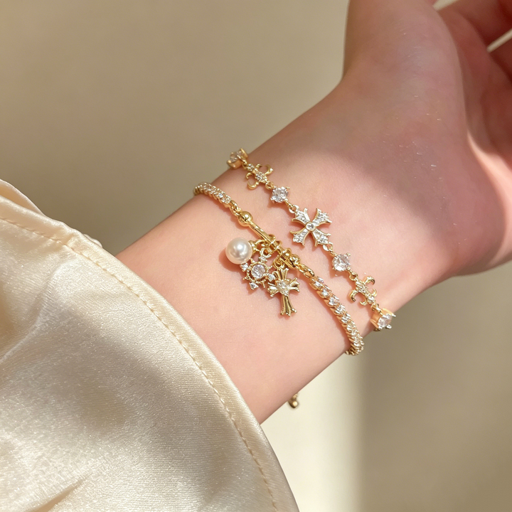 Cross &amp; Pearl Moissanite Bracelet Set
