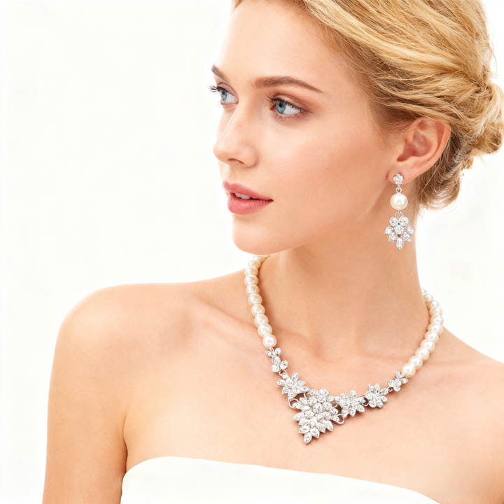 Cluster Diamond &amp; Pearl Necklace &amp; Earring Set