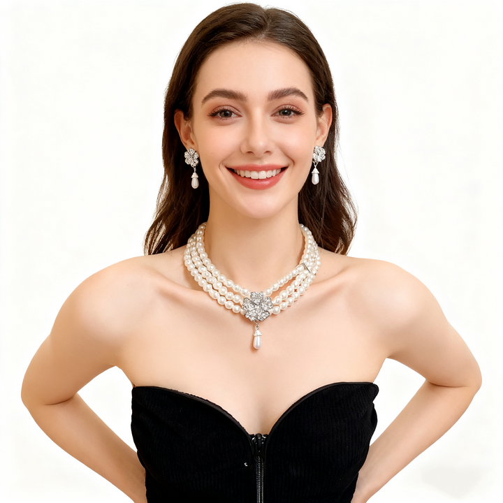 Diamond Flower Multi-Layer Pearl Necklace &amp; Earring Set