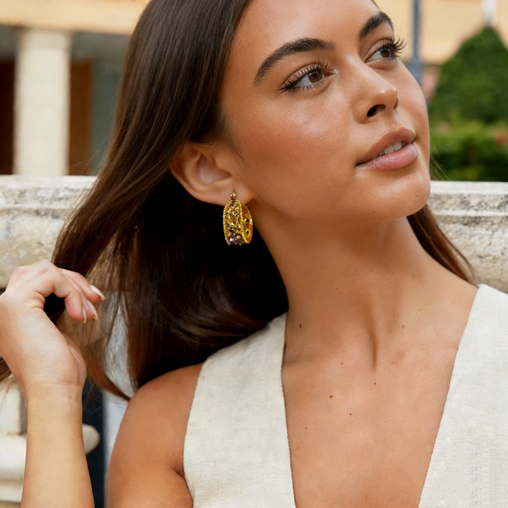 Elegant Natural Brown Crystal Hoop Earrings