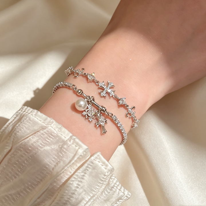 Cross &amp; Pearl Moissanite Bracelet Set