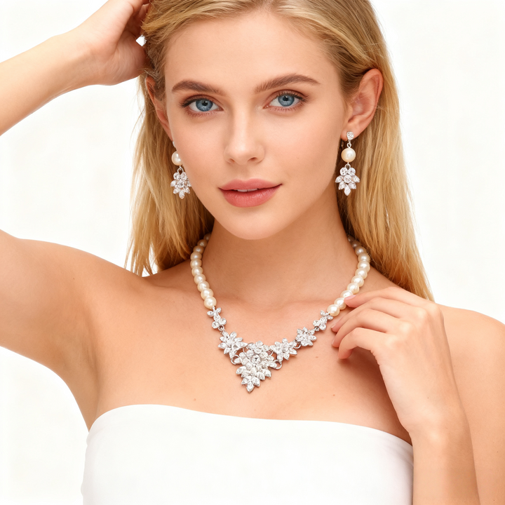 Cluster Diamond &amp; Pearl Necklace &amp; Earring Set