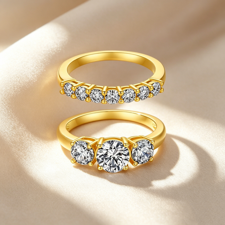 Three-Stone &amp; Half Eternity Moissanite Ring