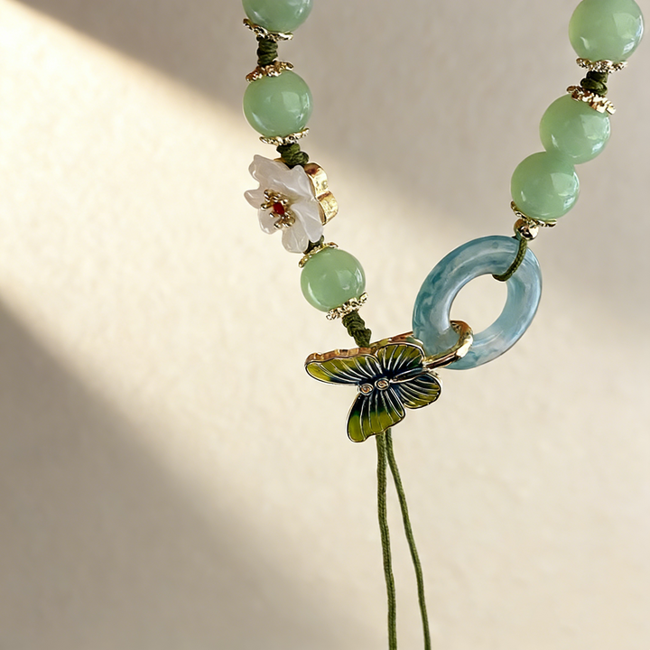 Butterfly &amp; Floral Jade Beaded Bracelet