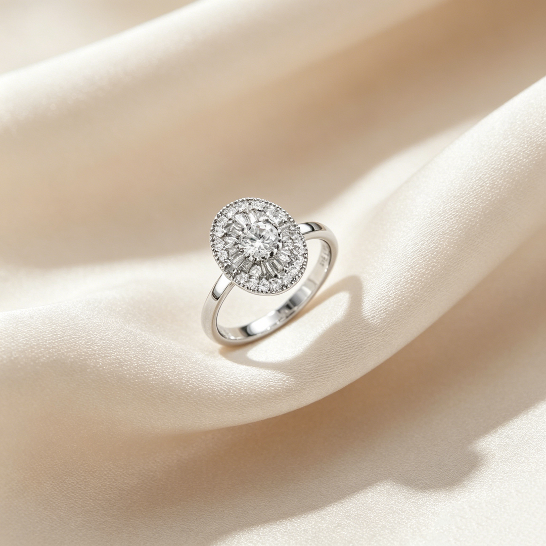 Oval Halo Sunburst Moissanite Ring