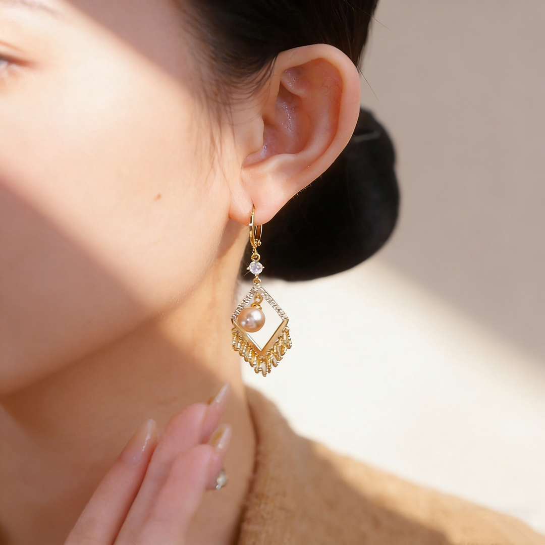 Pearl Geometric Tassel Earrings