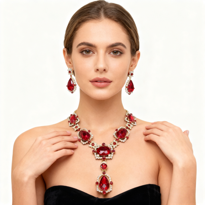 Red Crystal Diamond Necklace &amp; Earring Set