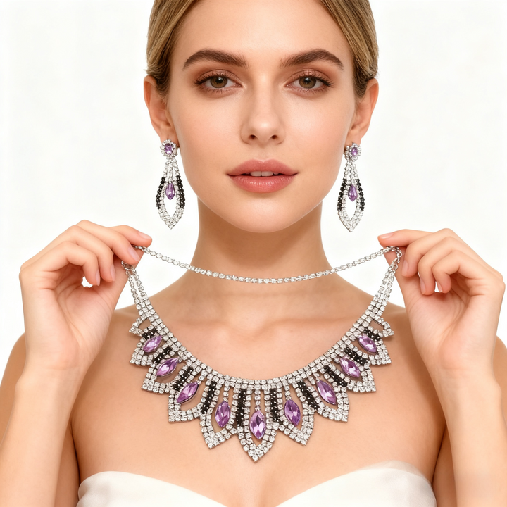 Amethyst &amp; Diamond Tassel Necklace &amp; Earrings Set