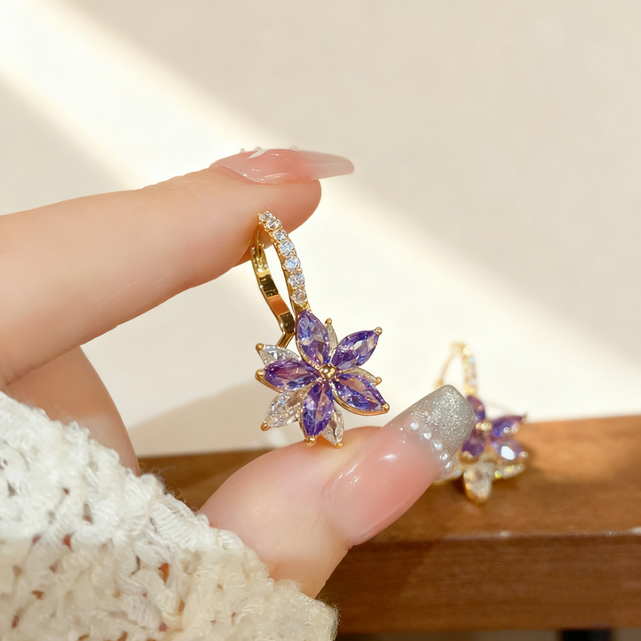 Amethyst &amp; Diamond Flower Double-Layer Earrings