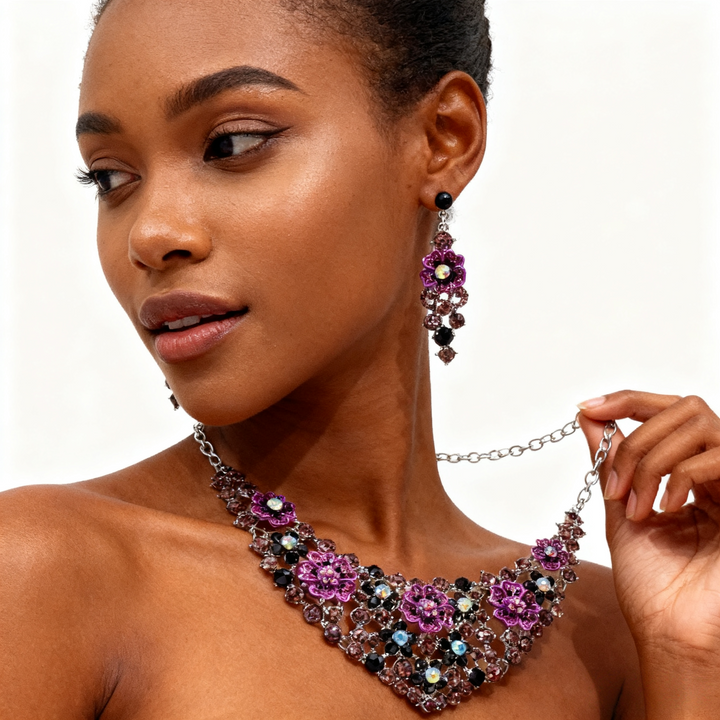 Purple Crystal Flower Necklace &amp; Earring Set