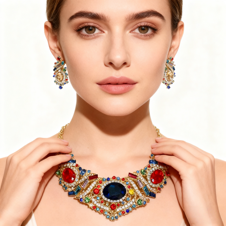 Red &amp; Blue Agate with Diamond Necklace &amp; Earrings Set