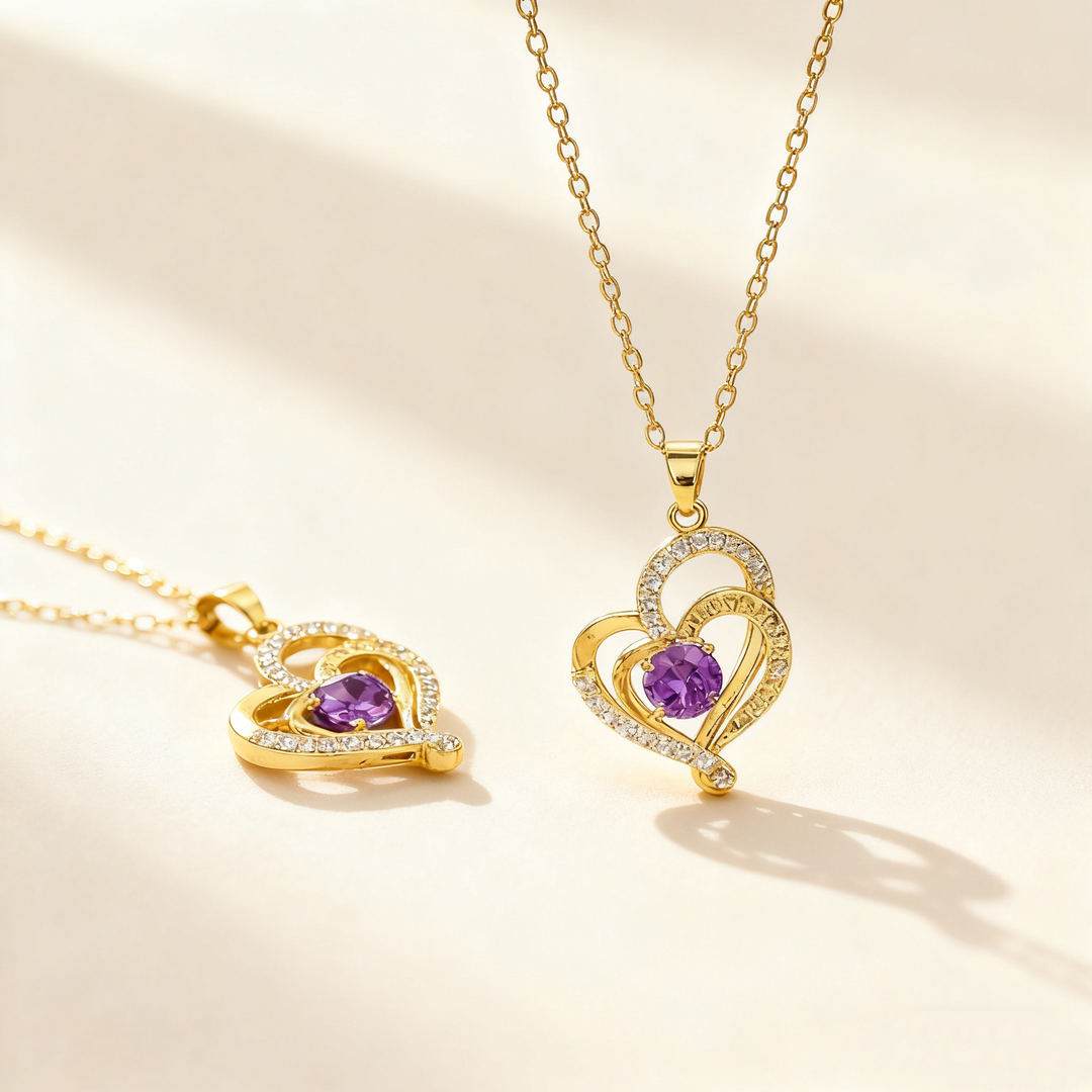Double Heart Amethyst Pendant Necklace