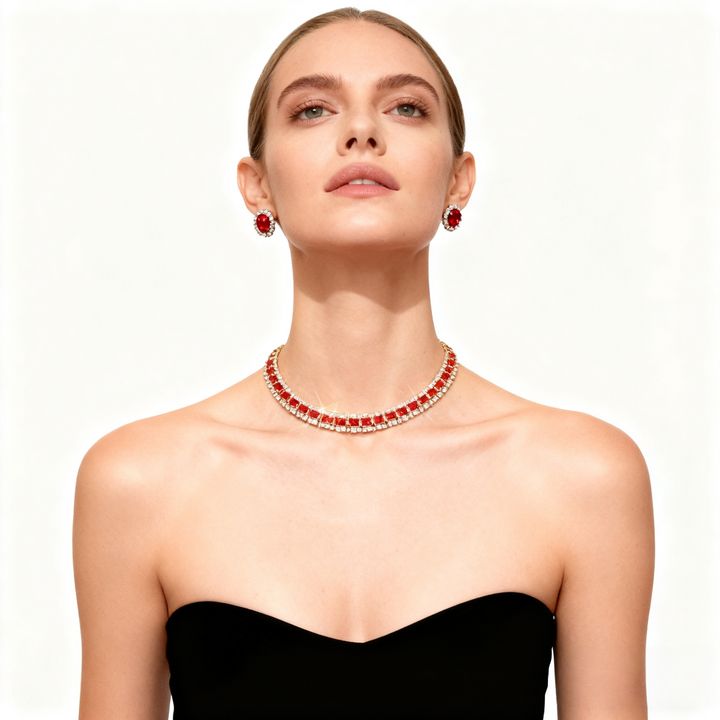 Red Crystal Diamond Necklace &amp; Earring Set