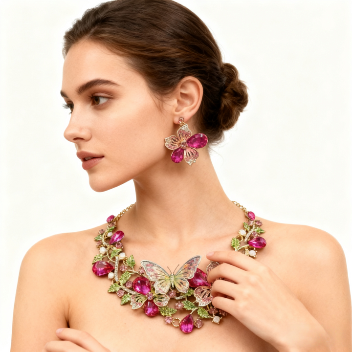 Crystal Flower Cluster Necklace &amp; Earring Set