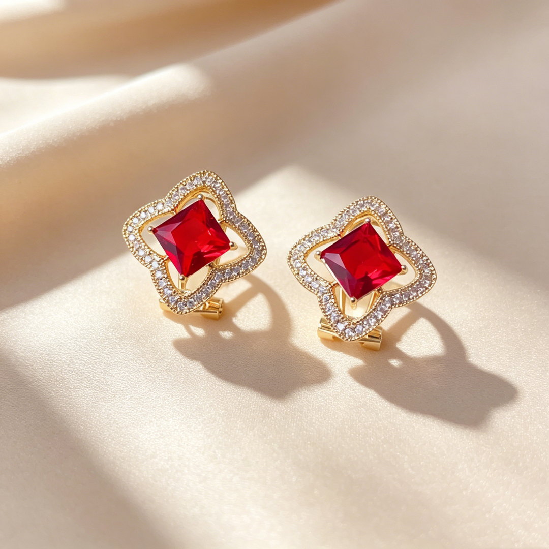 Elegant Four-Leaf Clover Pavé Square Earrings