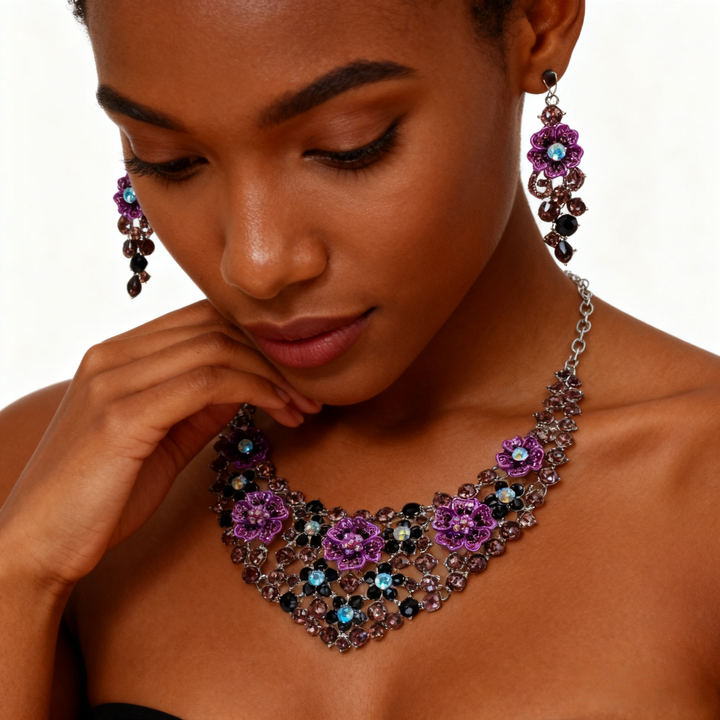 Purple Crystal Flower Necklace &amp; Earring Set
