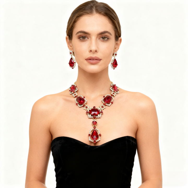 Red Crystal Diamond Necklace &amp; Earring Set