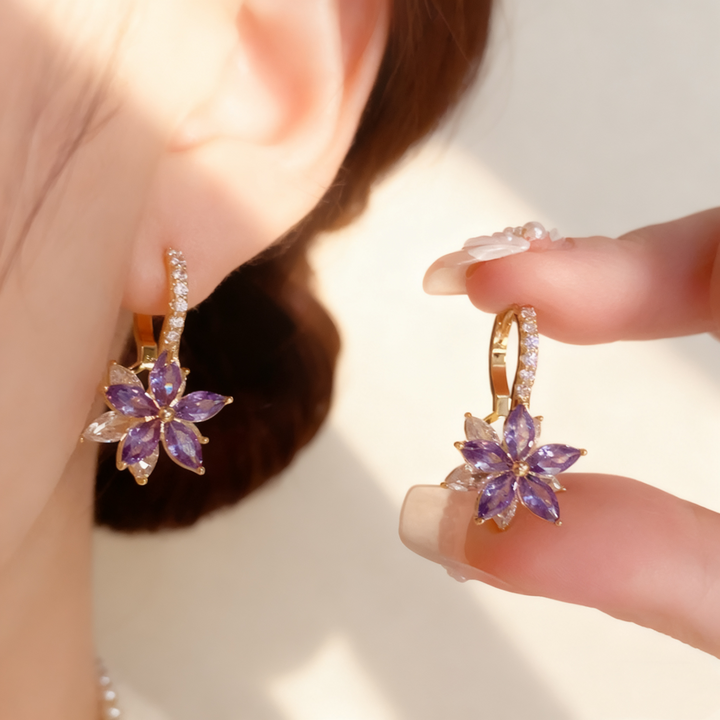 Amethyst &amp; Diamond Flower Double-Layer Earrings