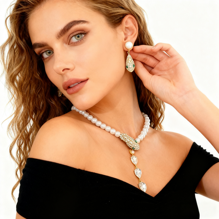 Emerald Diamond Pearl Necklace &amp; Earring Set