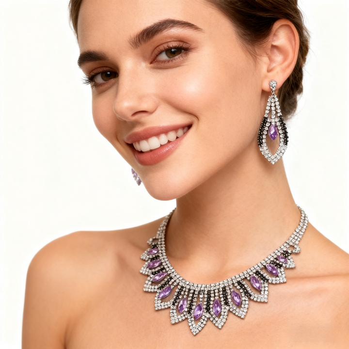 Amethyst &amp; Diamond Tassel Necklace &amp; Earrings Set