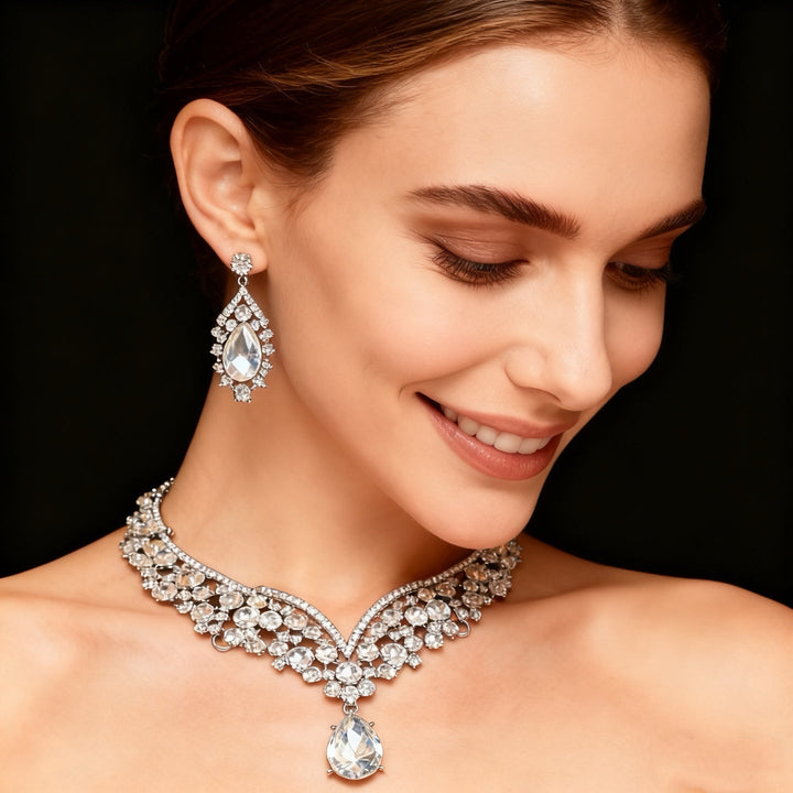 Clear Crystal &amp; Diamond Necklace &amp; Earring Set