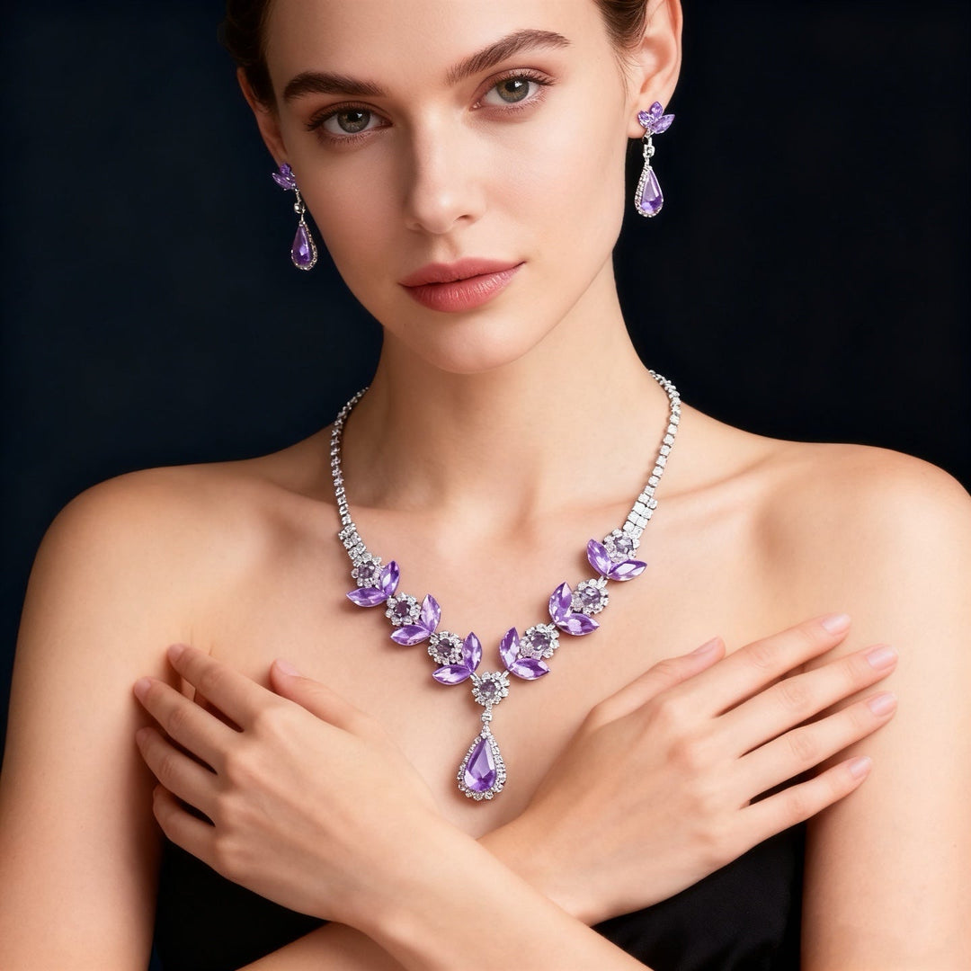Amethyst Teardrop Flower Necklace & Earring Set