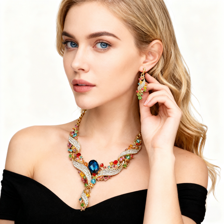 Aquamarine &amp; Multicolor Crystal Necklace &amp; Earring Set