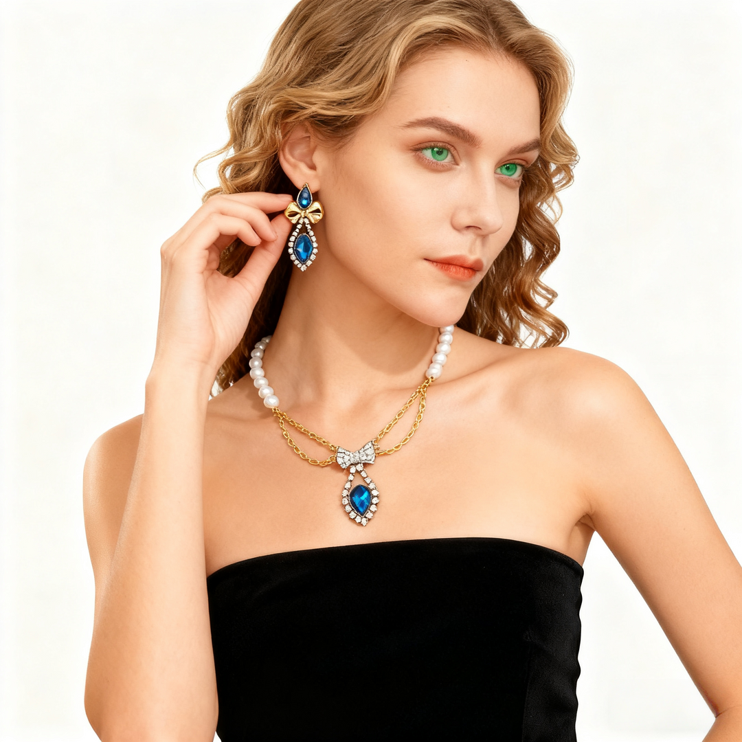 Aquamarine Teardrop Pearl Necklace & Earring Set