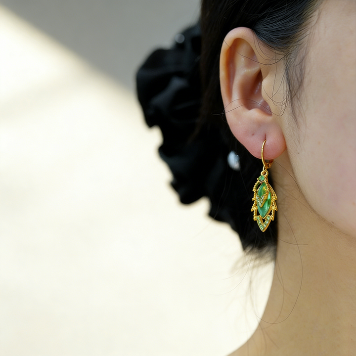 Double-Layer Maple Leaf Gemstone Earrings