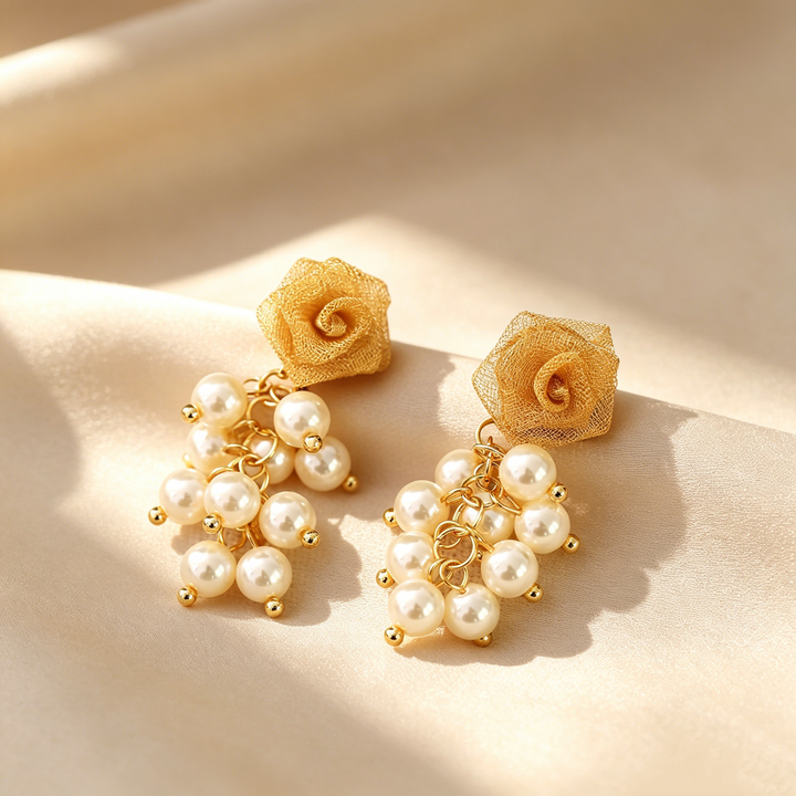 Elegant Rose &amp; Pearl Tassel Drop Earrings