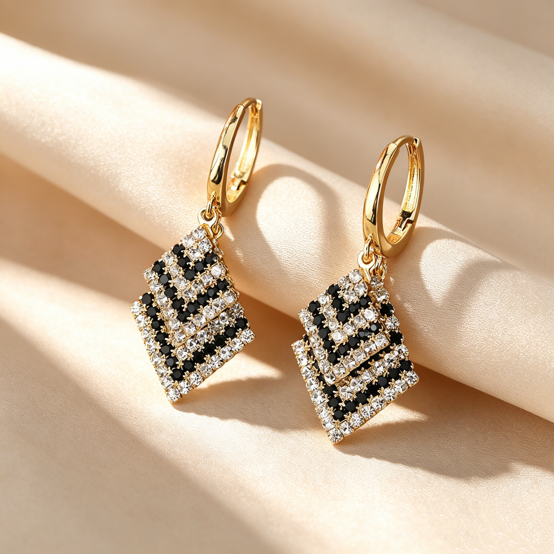 Pavé Layered Square Drop Hoop Earrings