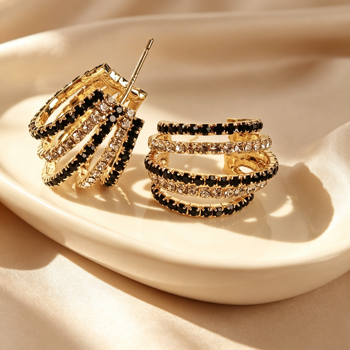 Black &amp; White Pavé Multi-Layer Hoop Earrings