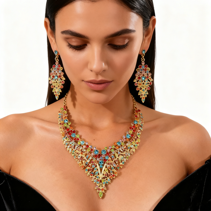 Colorful Crystal Leaf Necklace &amp; Earring Set