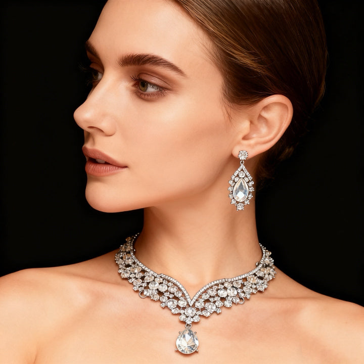 Clear Crystal &amp; Diamond Necklace &amp; Earring Set