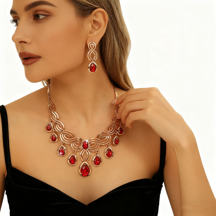 Teardrop Red Crystal Rose Gold Necklace &amp; Earrings Set