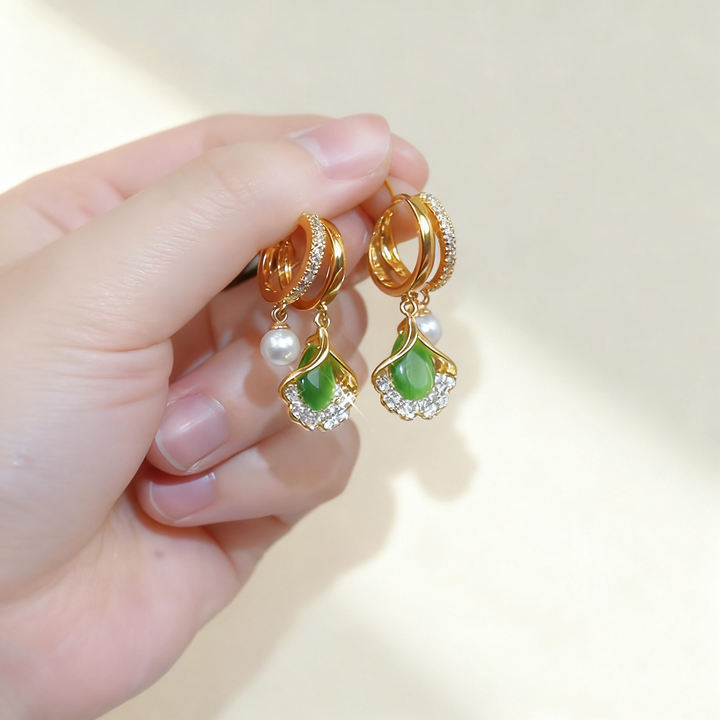 Ginkgo Leaf Green Agate &amp; Pearl Double-Layer Earrings