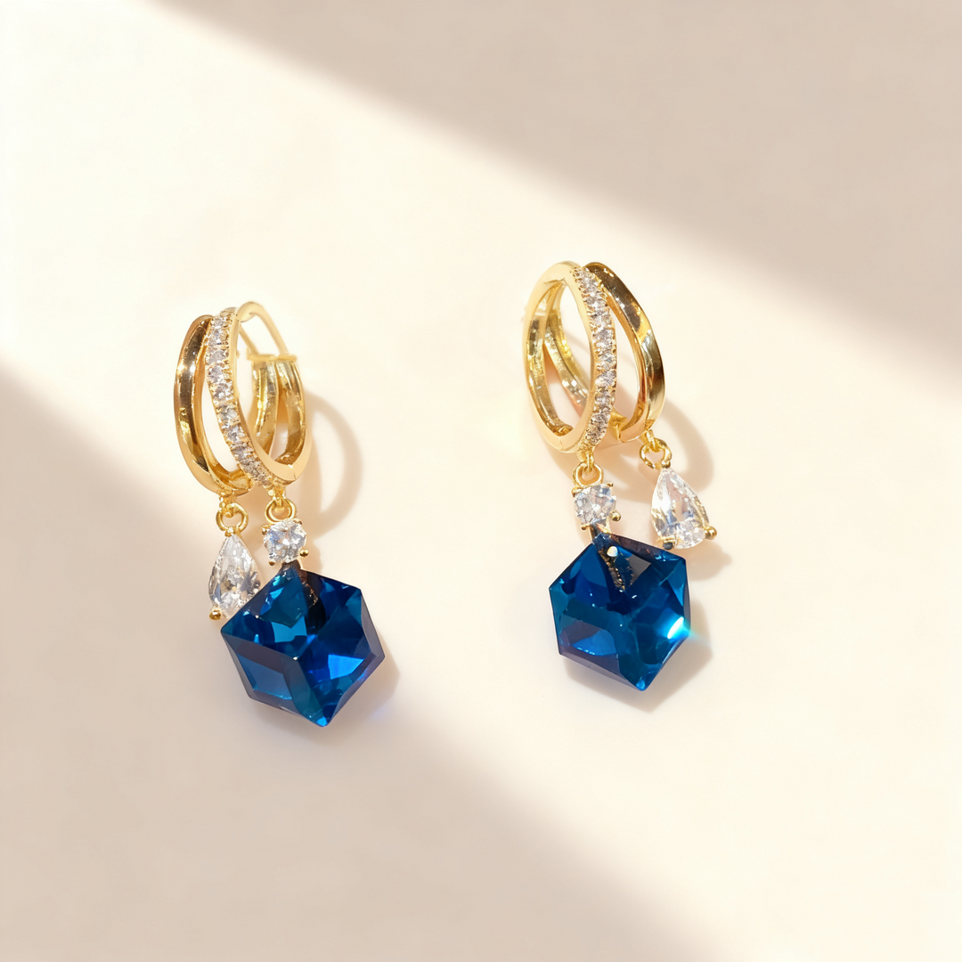 Square Blue Sapphire Double-Layer Earrings