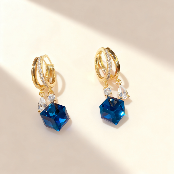 Square Blue Sapphire Double-Layer Earrings