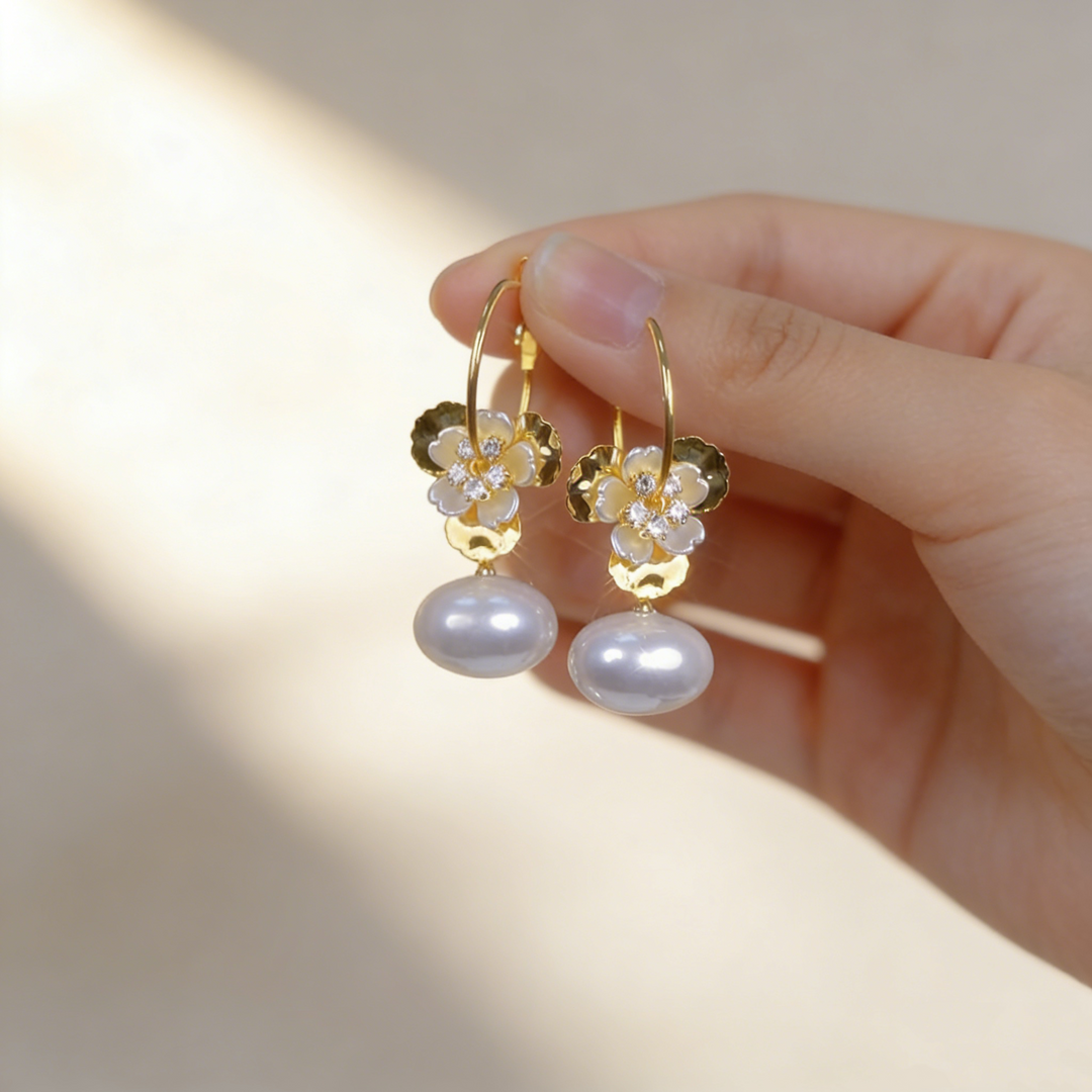 Floral Flat Pearl Earrings