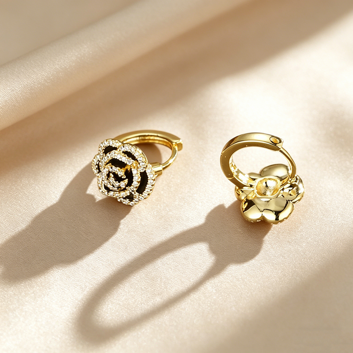 Elegant Black Rose Hoop Drop Earrings