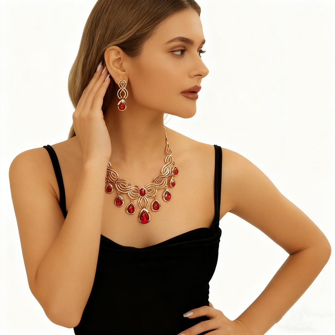 Teardrop Red Crystal Rose Gold Necklace & Earrings Set