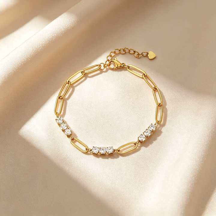 Paperclip Link Round Stone Station Bracelet