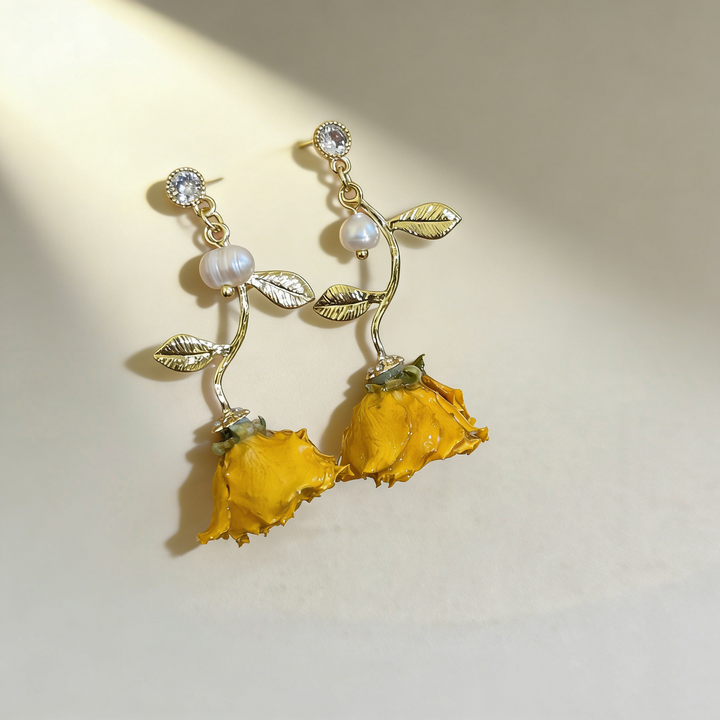 Handcrafted Yellow Rose Pearl Earrings